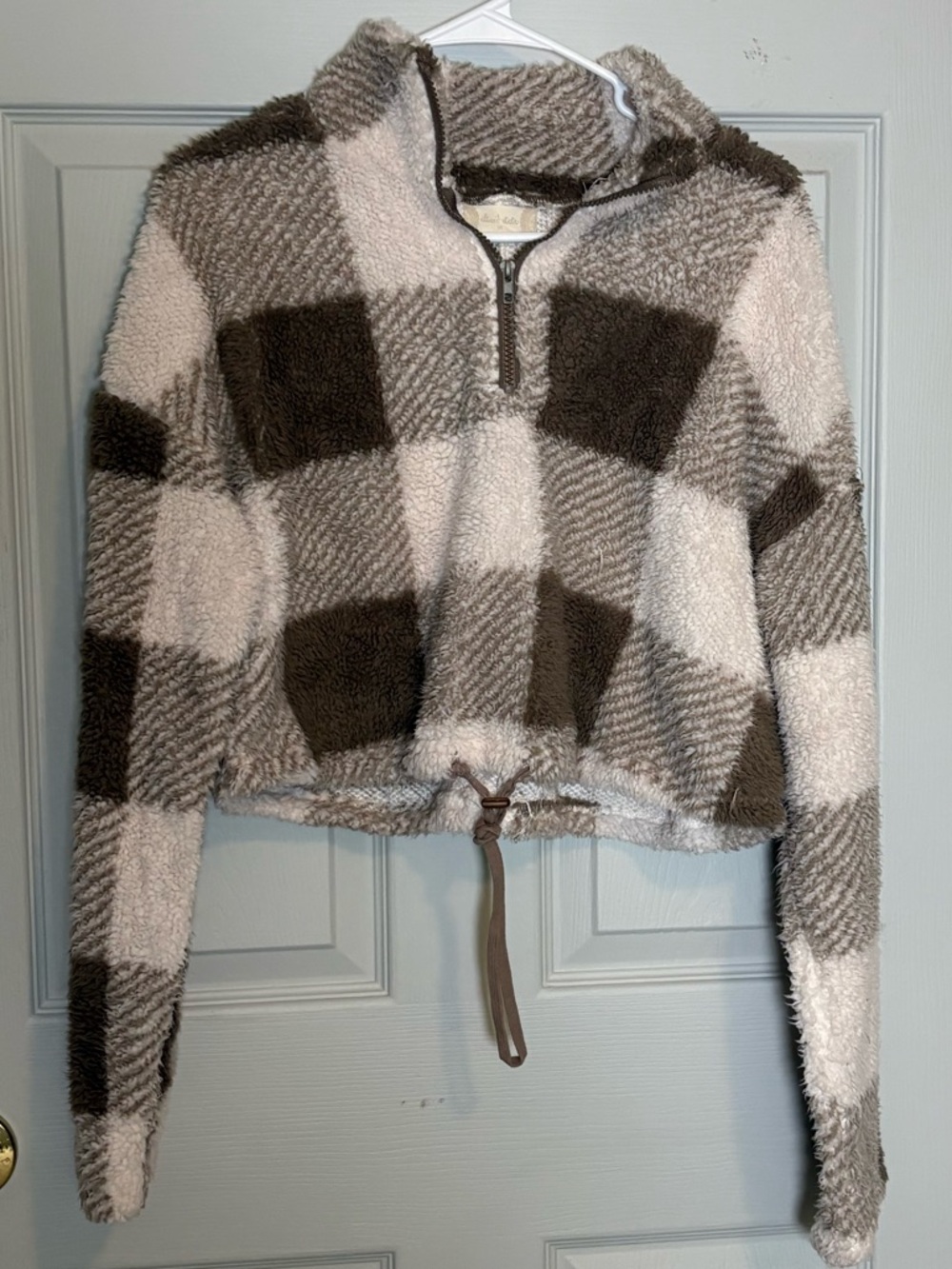 Altar'd State Brown & Cream Plaid Half-Zip Sherpa Pullover